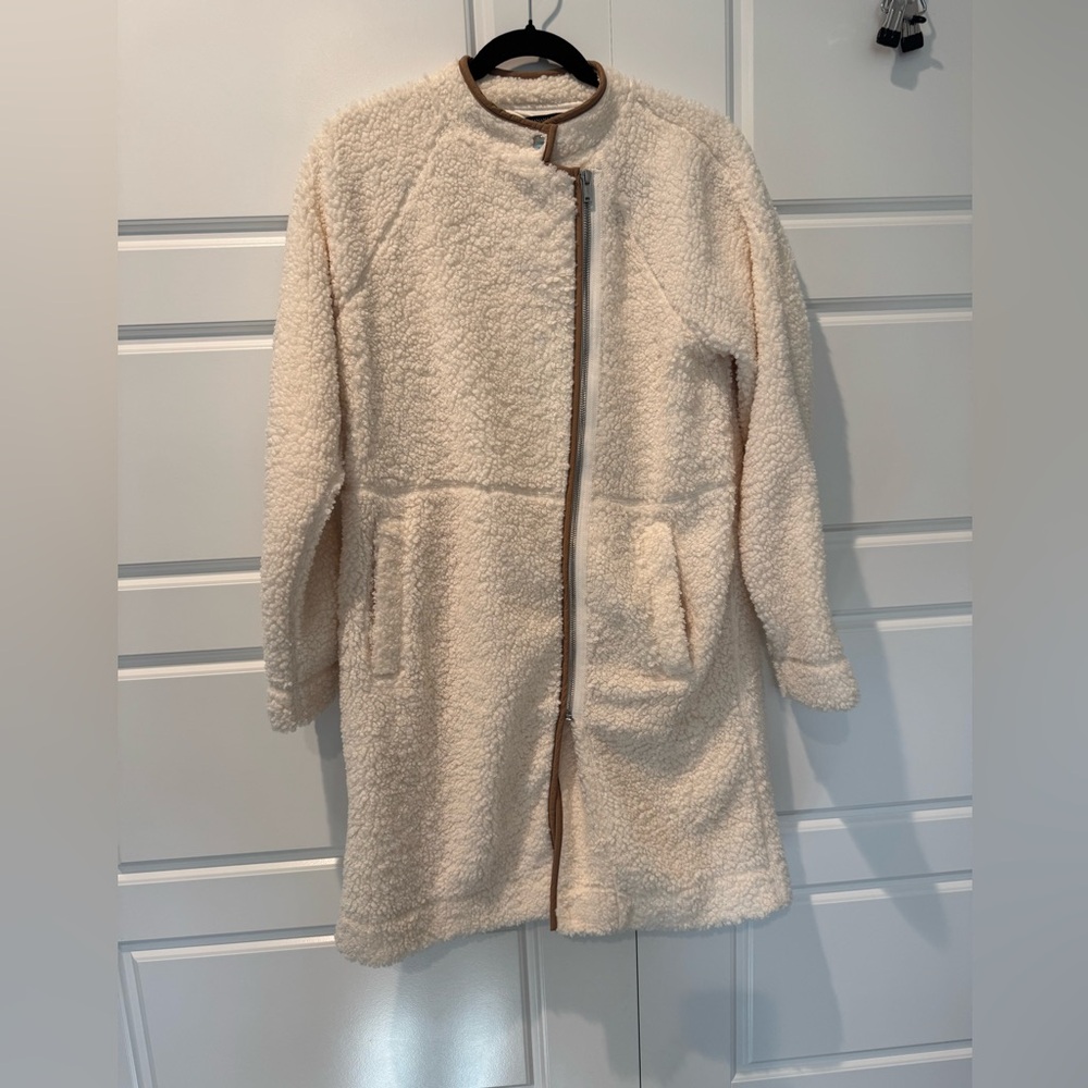 Banana Republic Sherpa Cocoon Coat Cream Tan Trim Mid Length Womens Size Small